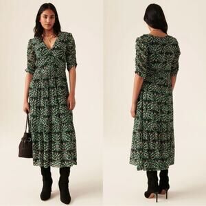 Ba&sh Rue Madame Fine Dress size 4 small green pattern ruched mesh sleeve